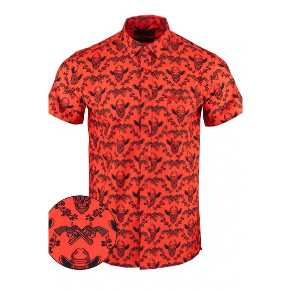 NWOT Retro Riffle Vaquero V2 Button Down Shirt L Red Skull Cowboy Short Sleeve - Picture 1 of 9